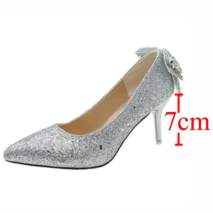 Shiny Bowknot Thin Heels Pumps for Women | Glitter Crystal Party Shoes - Dhavinci