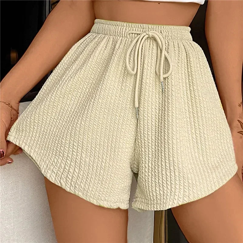 Women Shorts Summer High Elastic Lace Up Drawstring Wide Leg Sweat Fitness Running Shorts Loose Casual Large Sports Pants - Dhavinci