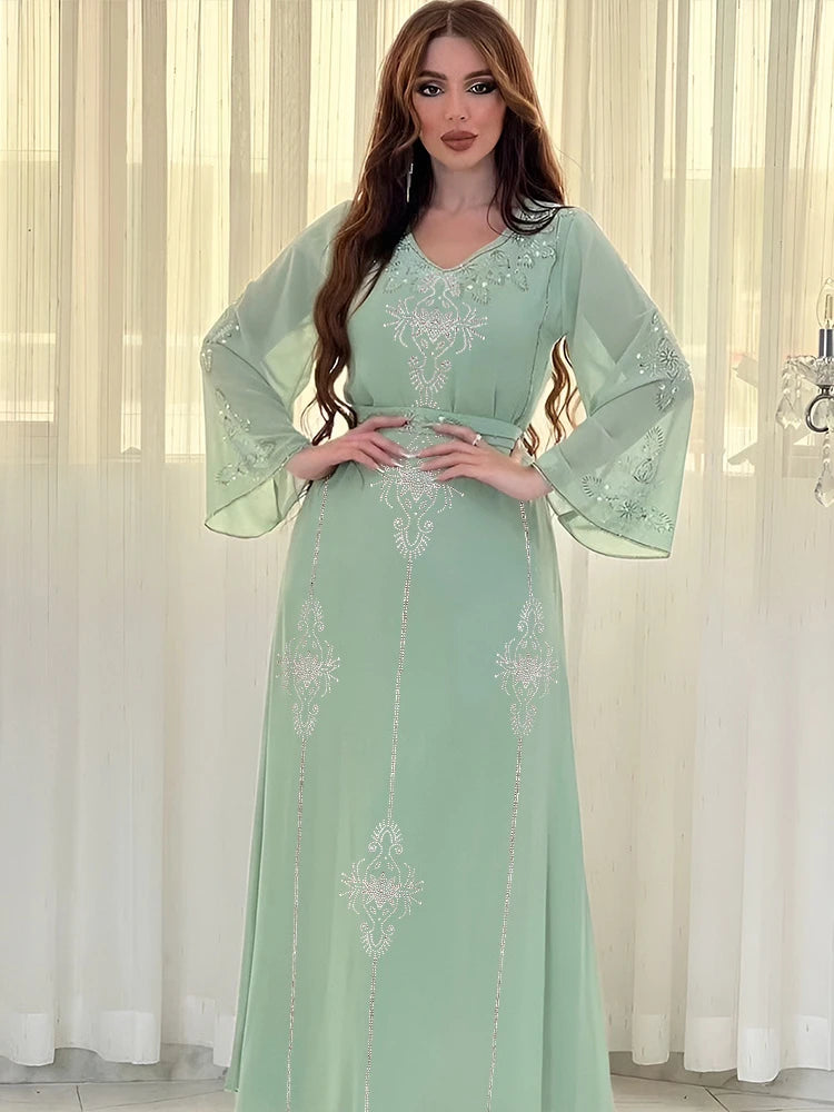 Eid Jalabiya Muslim Abaya | Elegant Diamond Lace-up Party Dress - Dhavinci