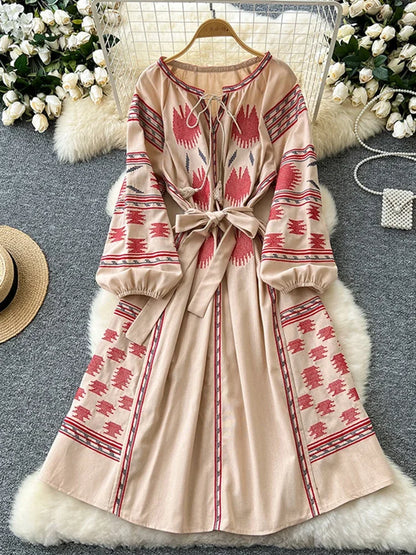 Bohemian Retro Ethnic Style Dress Women's Spring Autumn Embroidered Lace Up Lantern Sleeves Waist Cinching Long Dress A153 - Dhavinci