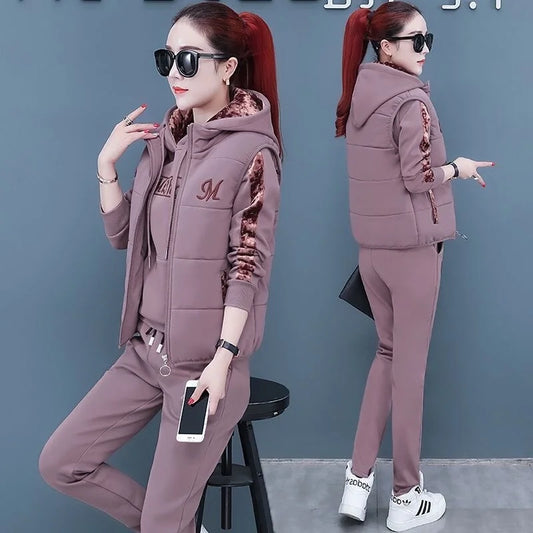 Women 3-Piece Plush Sweat Suit | Hooded Top, Vest & Pant Set - Dhavinci