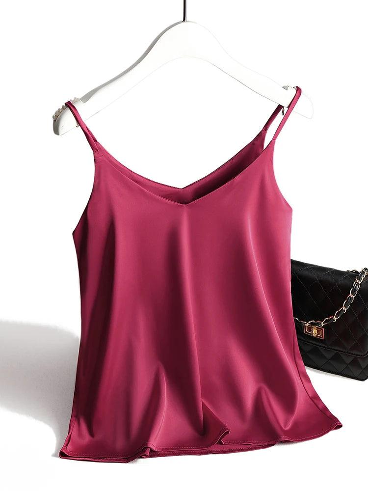 2024 Spaghetti Strap Satin Silk Cami Top for Women | V Neck Sleeveless Summer Tank - Dhavinci