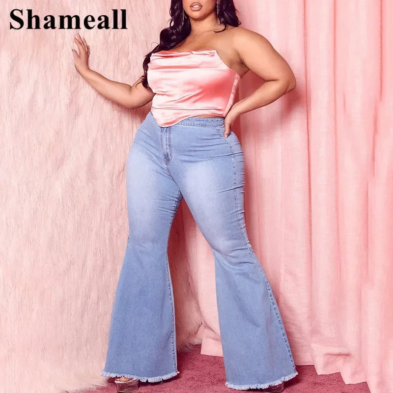 Plus Size High Waist Spliced Flared Jeans Mom 4XL Women Comfortable Elastic Tight Fringe Hem Wide Leg Trousers Women Bell Bottom - Dhavinci