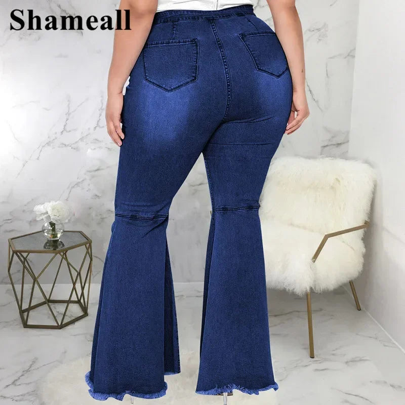 Plus Size High Waist Spliced Flared Jeans Mom 4XL Women Comfortable Elastic Tight Fringe Hem Wide Leg Trousers Women Bell Bottom - Dhavinci