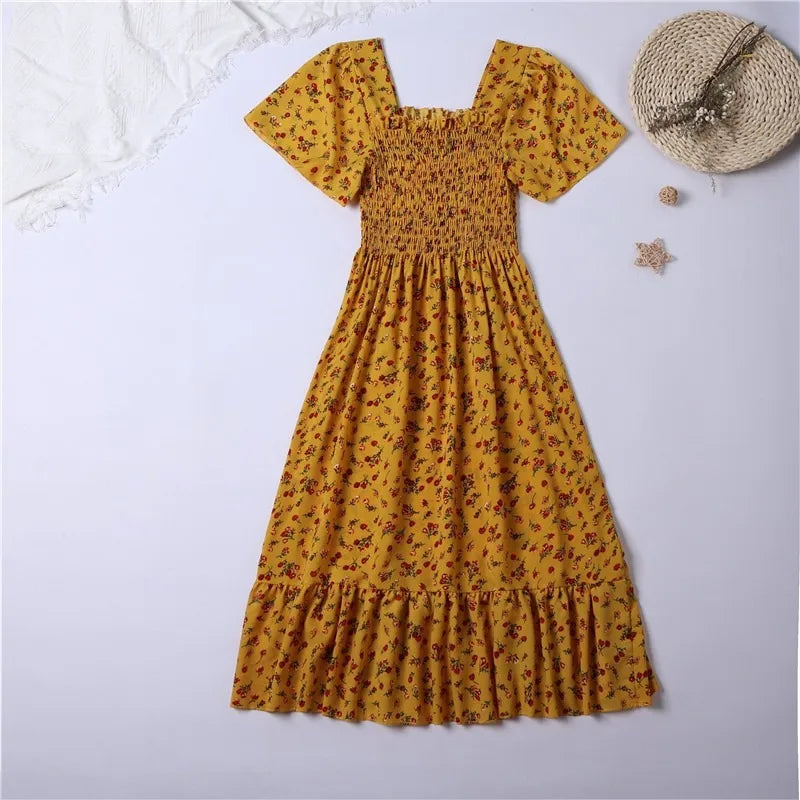 Spring Summer Chiffon Dress Women Midi DressesFemale Short Sleeve Elastic Waist Printed Floral Pleated Backless Casual Dress - Dhavinci