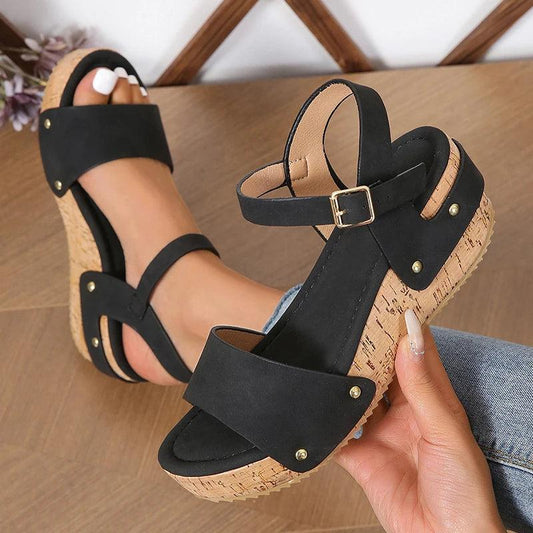 Mix Color Platform Sandals for Women - Rivet Wedges with Ankle Buckle - Dhavinci