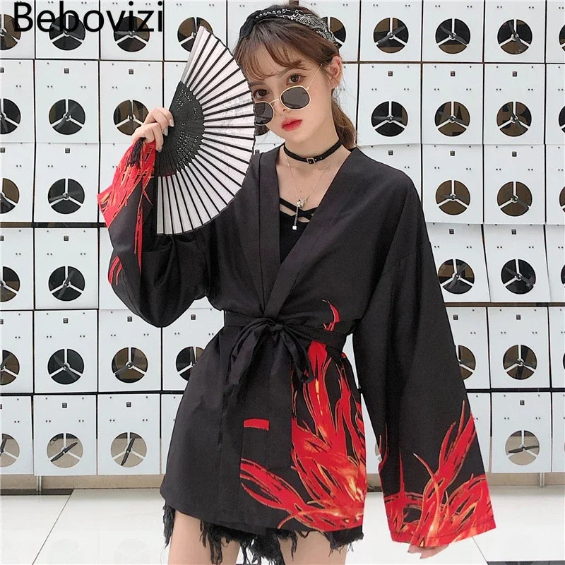 Bebovizi Japanese Style Flaming Phenix Print Cardigan Kimono Harajuku Women Men Sexy Yukata Female Streetwear Traditional Haori - Dhavinci