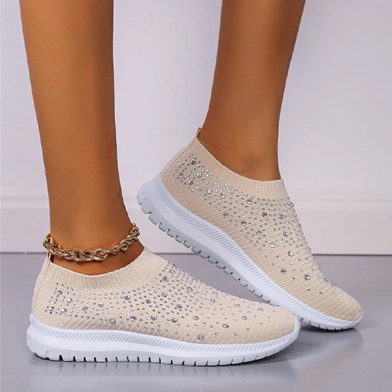 Shining Crystal Flats for Women | Breathable Knit Platform Sneakers - Dhavinci