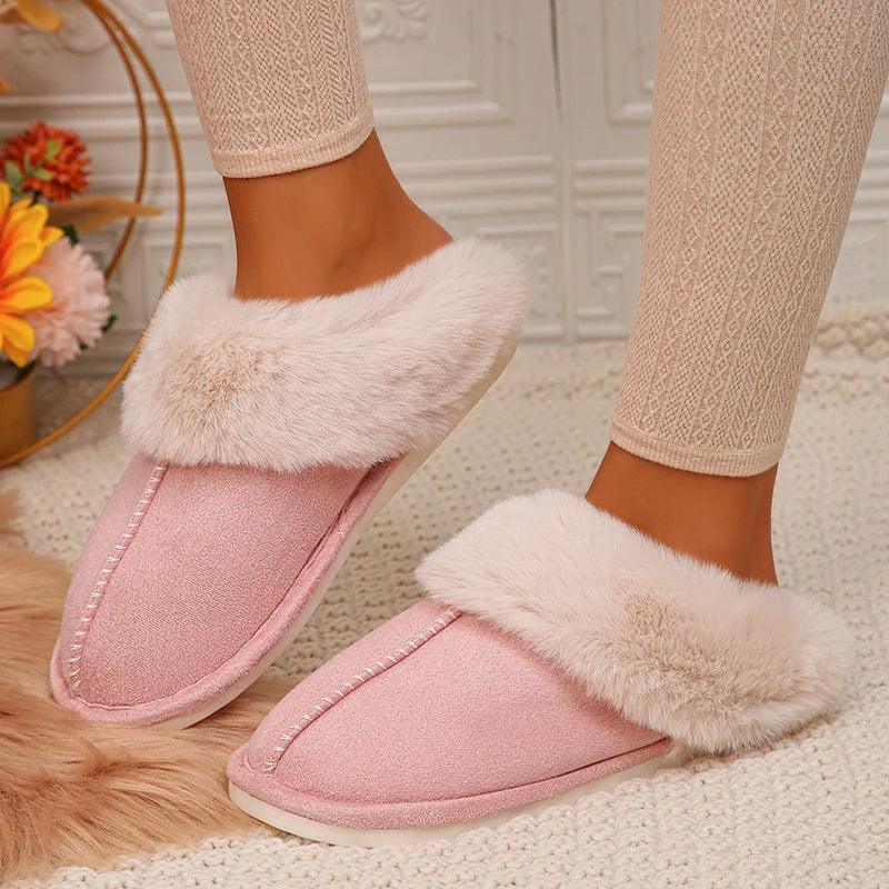 Fashion Faux Fur Winter Slippers for Women - Closed Toe Plush Mules - Dhavinci