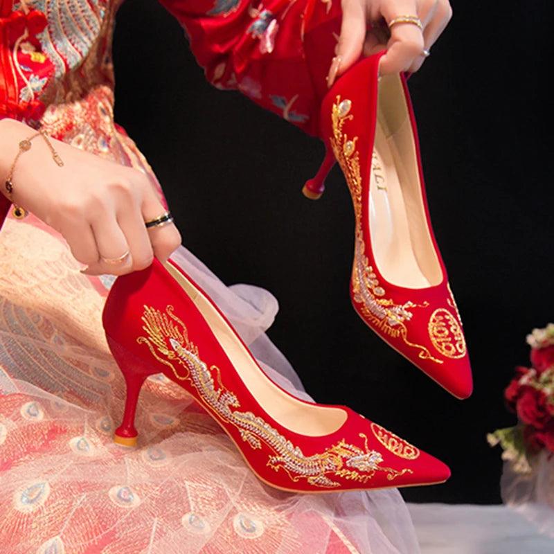 Red Embroidered Bridal Shoes - Elegant Chinese Style High Heels - Dhavinci