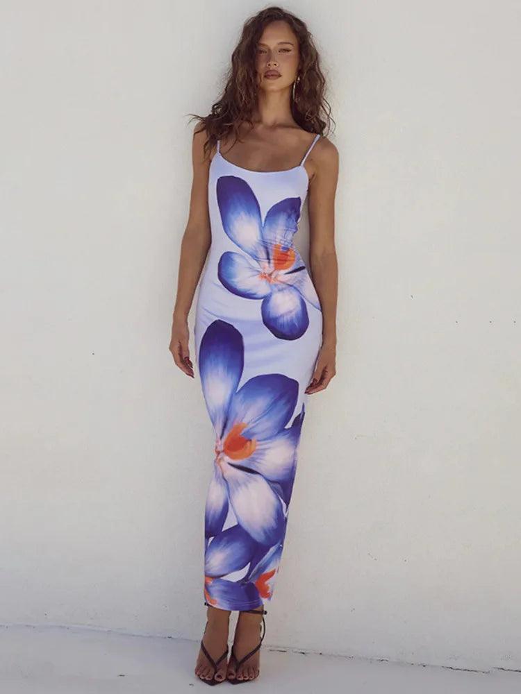 Floral Print Spaghetti Strap Long Dress for Women | Sexy Backless Midi Gown - Dhavinci