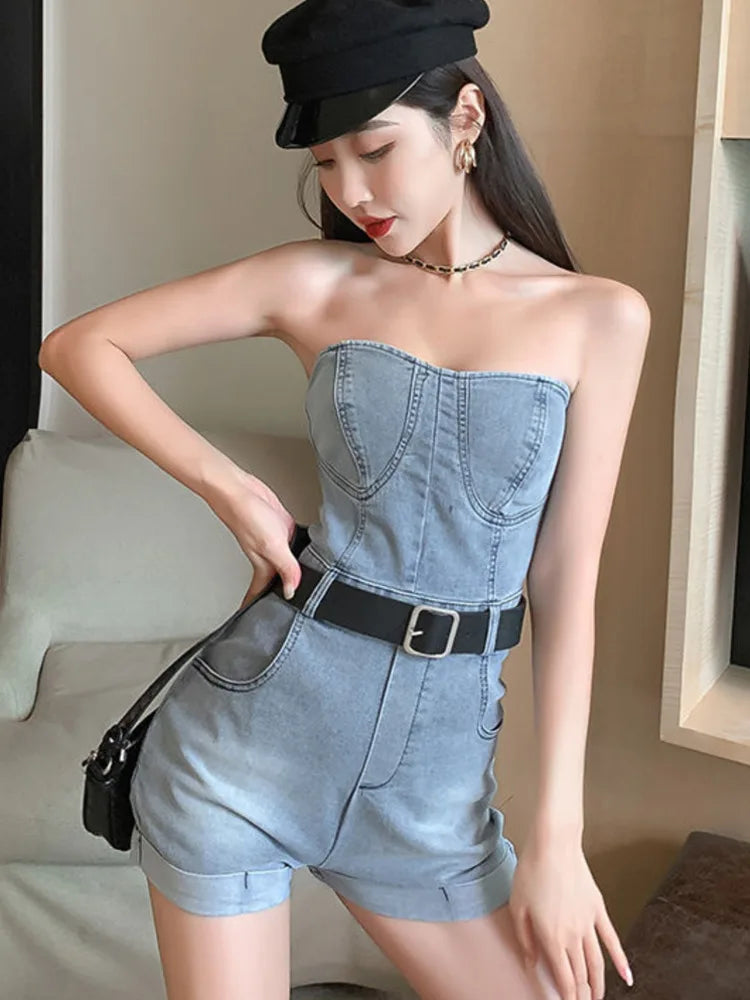 Off-Shoulder Denim Romper | Women’s Casual Wide-Leg Jumpsuit - Dhavinci