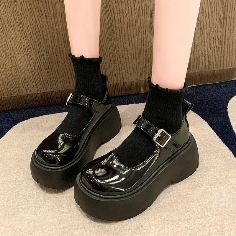 Punk Goth Chunky Platform Mary Janes | Patent Leather Wedge Pumps - Dhavinci