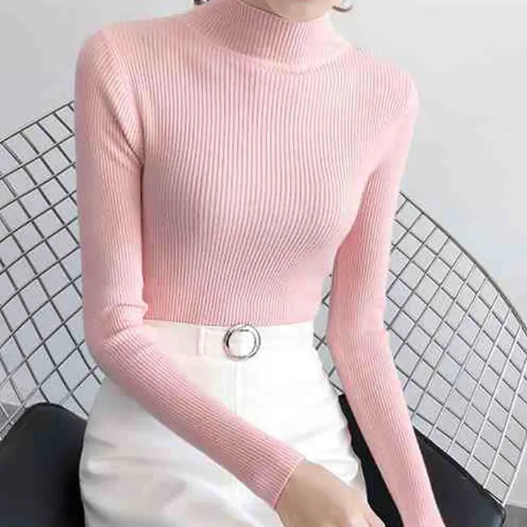 Autumn Winter Mock Neck Sweater | Vintage Solid Knit Pullover for Women - Dhavinci