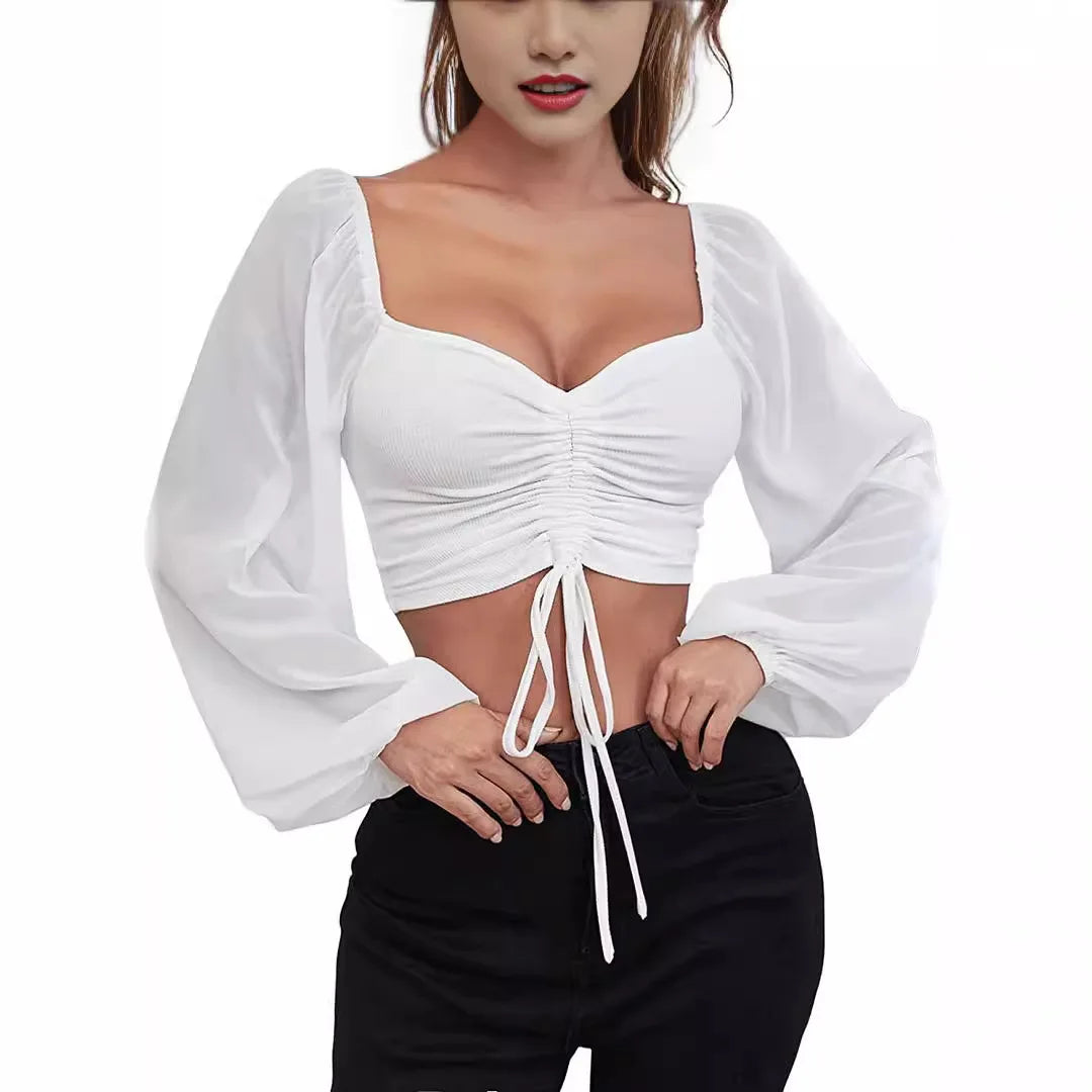 Sexy Mesh Lantern Sleeves Wrap T-Shirt for Women | Long Sleeve Bottoming Top - Dhavinci