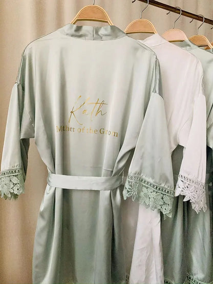 Personalized Sage Green Bridal Robe | Silky Bridesmaid Kimono - Dhavinci