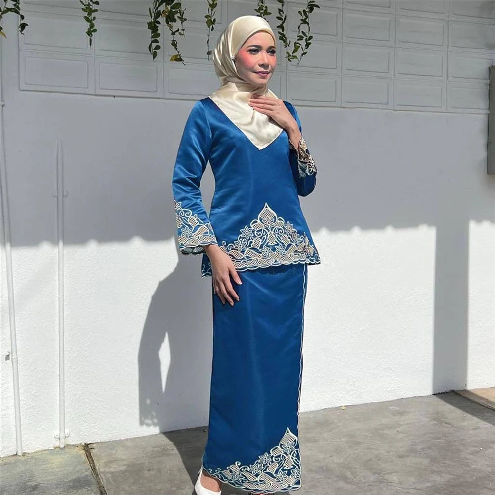 Turkey Ramadan Muslim Set | Satin Baju Kurung with Embroidery - Dhavinci