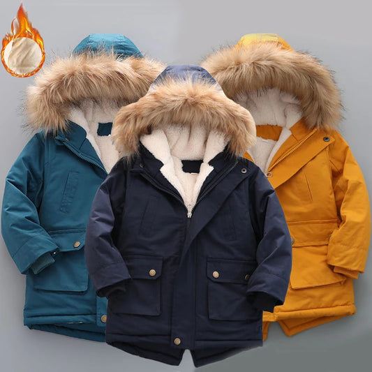 Winter Warm Boys Jacket | Thick Hooded Coat with Fur Collar - Dhavinci