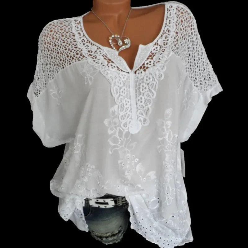 Summer Short Sleeve Blouse | White Lace Patchwork Women’s Top - Dhavinci