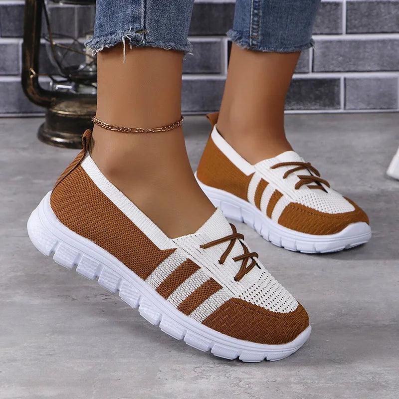 Mix Color Breathable Knitting Sneakers | Women's Fashion Casual Lace-Up Flats - Dhavinci