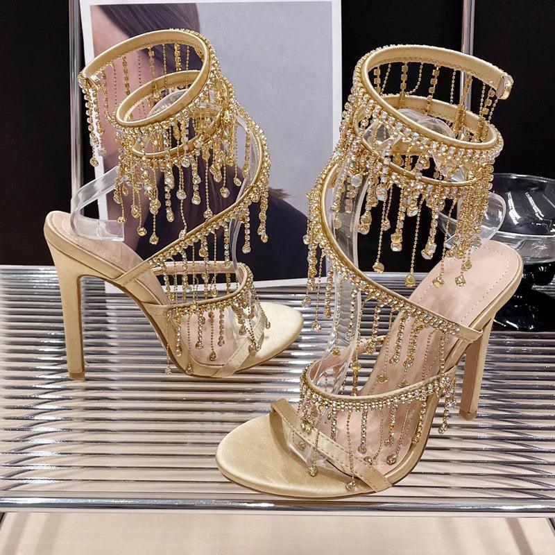 Aneikeh 2024 Sexy Rhinestone Ankle Strap High Heels | Summer Open Toe Sandals - Dhavinci