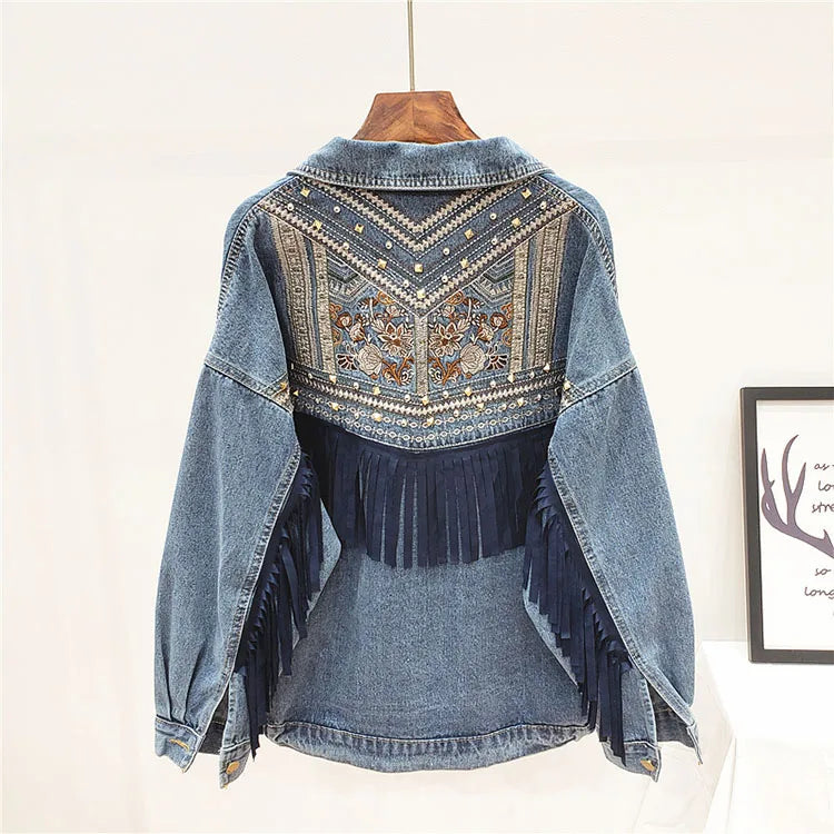 Denim Jacket Korean Floral Embroidery Suede Fringe Loose Chaquetas Mujer Coat Long Sleeve Outerwear Women Veste Femme - Dhavinci