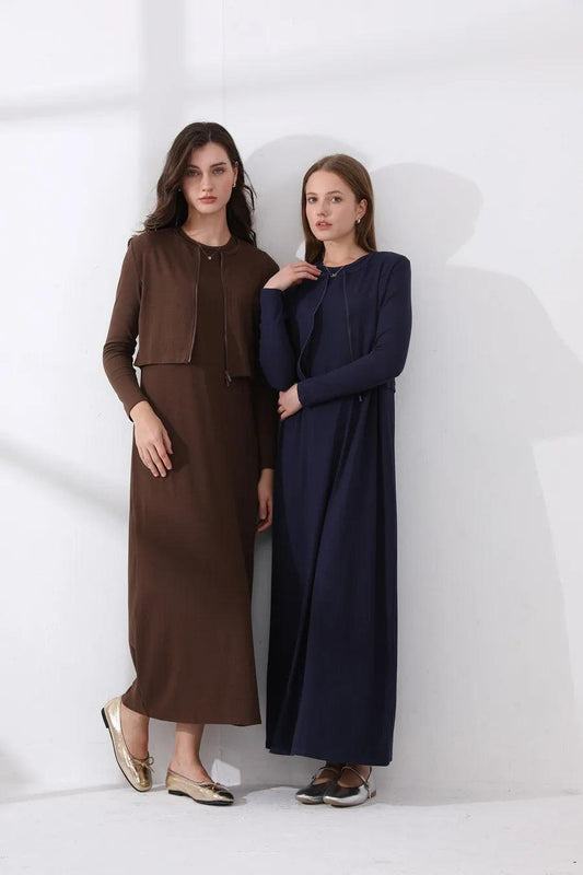 Women's Zipper Cardigan & Ankle Maxi Dress | Nature Fiber Ribbing Fabric - Dhavinci