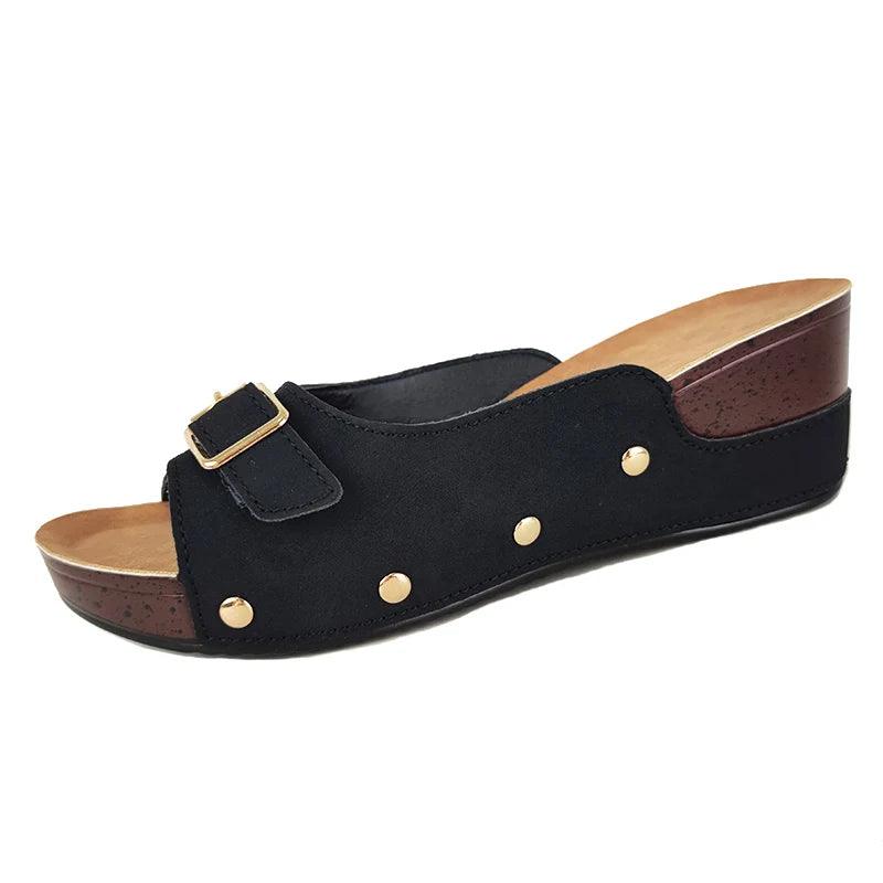 Rivet Platform Slippers for Women - Buckle Wedges Summer Sandals - Dhavinci