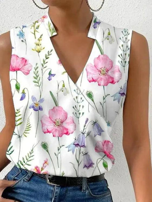 V-Neck Sleeveless Print Blouse for Women | Summer White Tank Top - Dhavinci