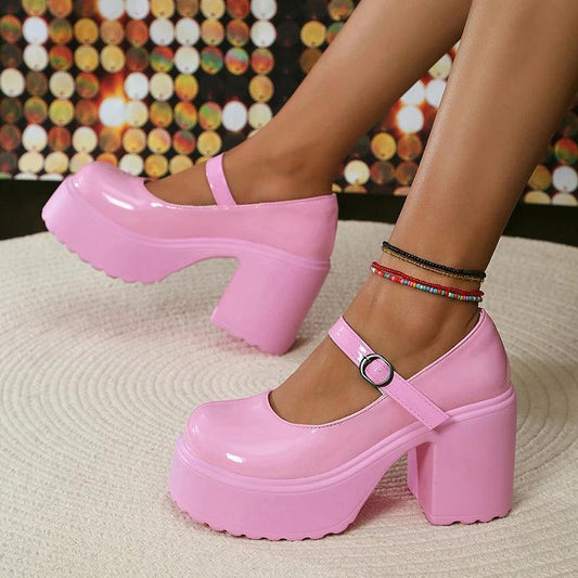 Pink Platform Mary Janes | Patent Leather Chunky Heels for Women - Dhavinci