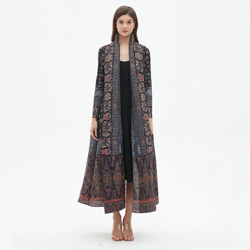 Pleats Pleated Abaya Long Printed Jacket Trench Windbreaker Evening Gown Gown 2024 Autumn New Loose Extended Coat Women Clothing - Dhavinci