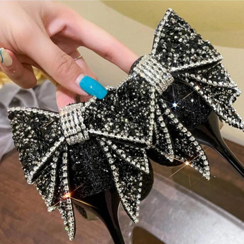 Shiny Bowknot Thin Heels Pumps for Women | Glitter Crystal Party Shoes - Dhavinci