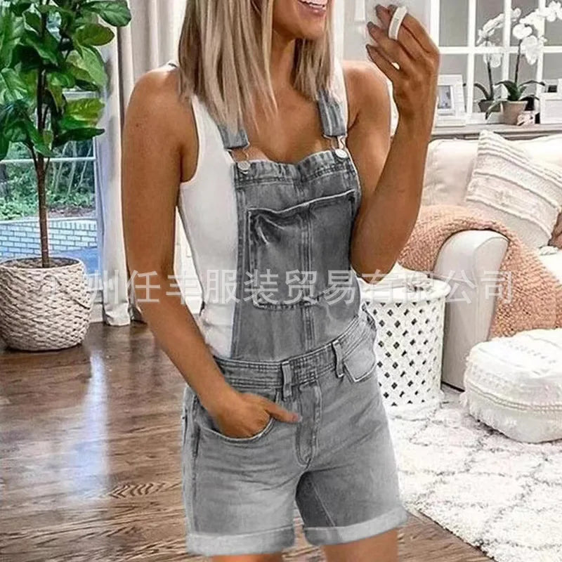 Women Rompers Jeans Jumpsuits One Piece Overalls Washing Denim Shorts Button Loose Casual Pockets Knee Length 2024 Summer - Dhavinci