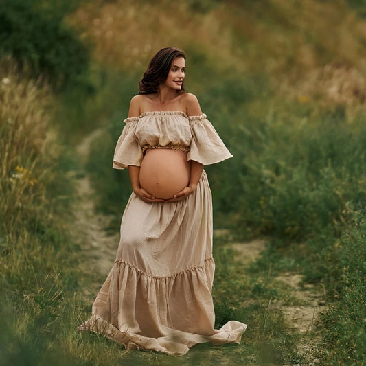 Boho Maternity Two-Piece Set | Vintage Linen Cotton Pregnancy Dress - Dhavinci