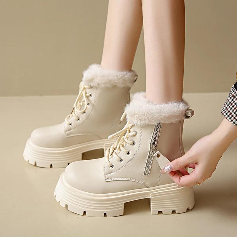 Faux Fur Motorcycle Winter Boots for Women | Warm, Non-Slip Platform Ankle Boots - Dhavinci