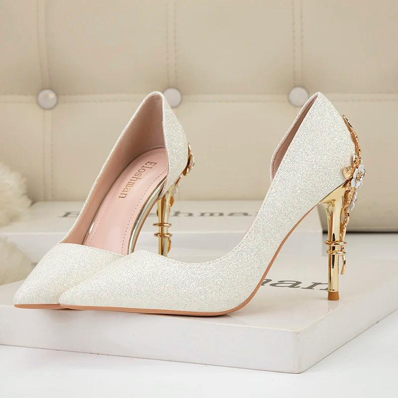 Floral Strange Heels Pumps for Women - Luxury Metal Wedding Shoes - Dhavinci