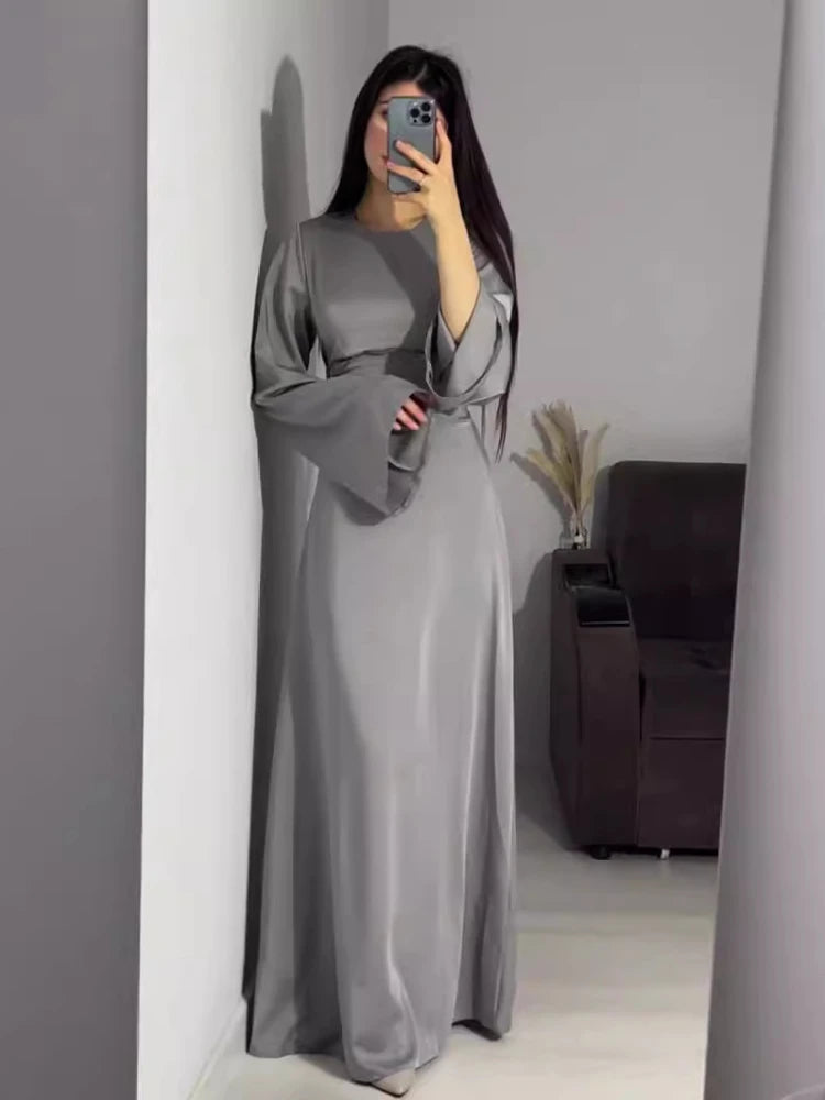 Spring Eid Muslim Dress Women Abaya Slim Fit Bandage Satin Solid Morocco Party Dresses Ramadan Islam Dubai Arab Long Robe 2024 - Dhavinci