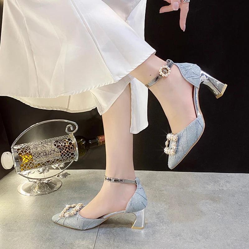 Bling Crystal Thin Heels Pumps for Women - Elegant Ankle Strap - Dhavinci