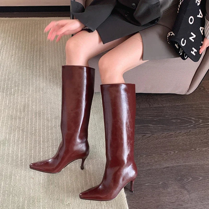 JOZHAMTA Size 33-40 Women Knee Boots Genuine Leather Luxury Band Thin High Heels Winter Shoes Woman Pointed Toe Sexy Long Boots - Dhavinci