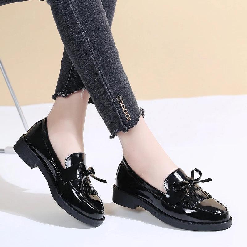 Black Patent Leather Loafers for Women | Casual Platform Flats - Dhavinci