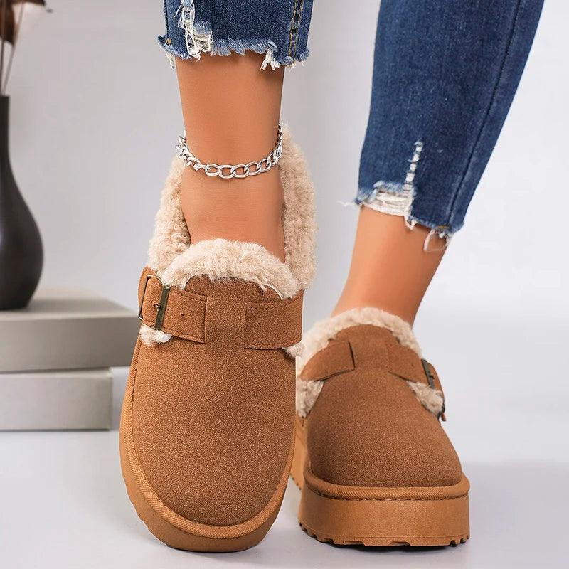 Winter Thickened Plush Flats for Women | Brown Faux Fur Non-Slip Casual Shoes - Dhavinci