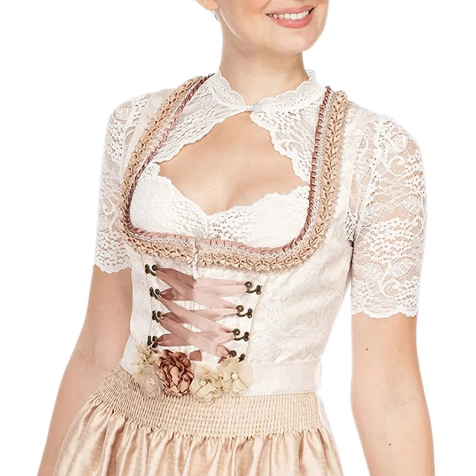 Plus Size Women Elegant Lace Dirndl Blouse For Oktoberfest Tops And Blouses Solid Drawstring Crop Top Blusa Mujer Moda 2024 - Dhavinci