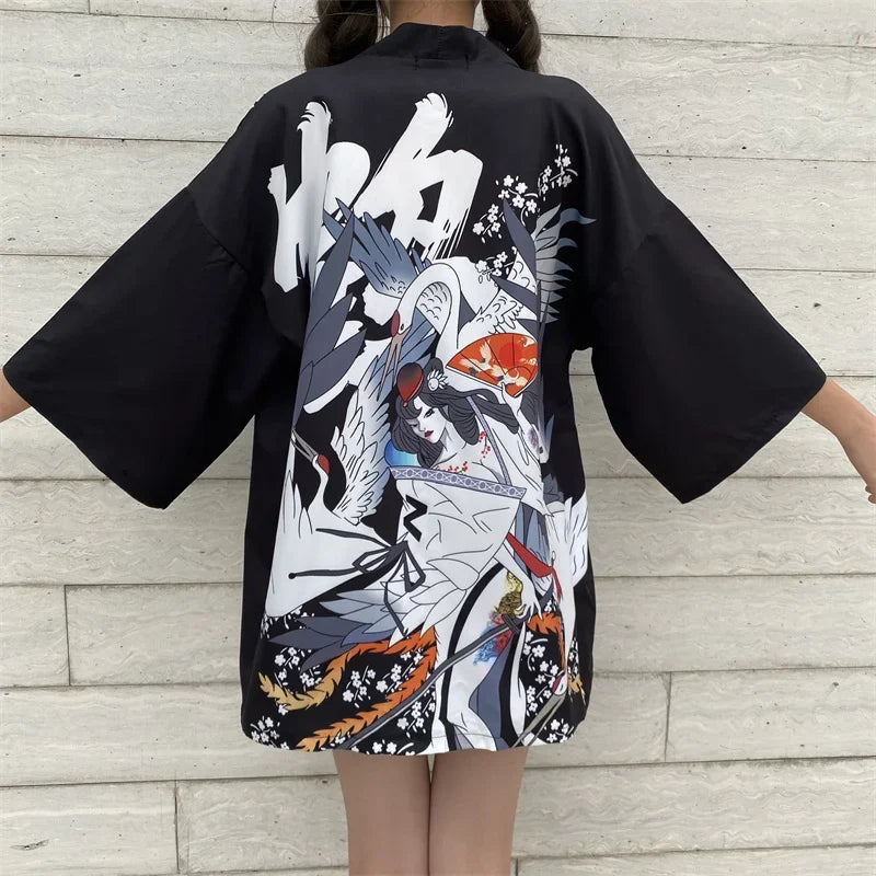 Bebovizi Japanese Style Flaming Phenix Print Cardigan Kimono Harajuku Women Men Sexy Yukata Female Streetwear Traditional Haori - Dhavinci