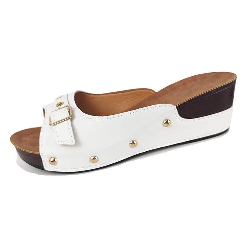 Rivet Platform Slippers for Women - Buckle Wedges Summer Sandals - Dhavinci