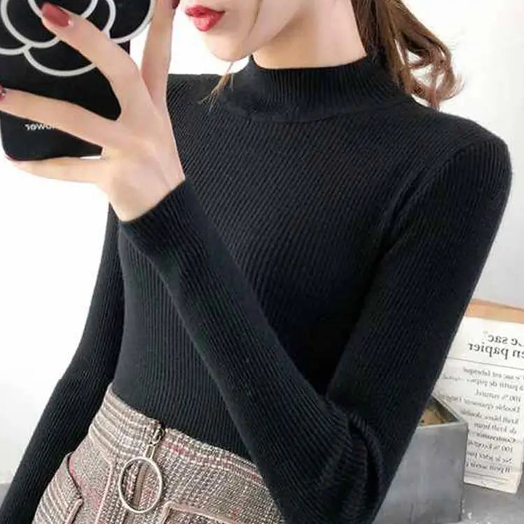 Autumn Winter Mock Neck Sweater | Vintage Solid Knit Pullover for Women - Dhavinci