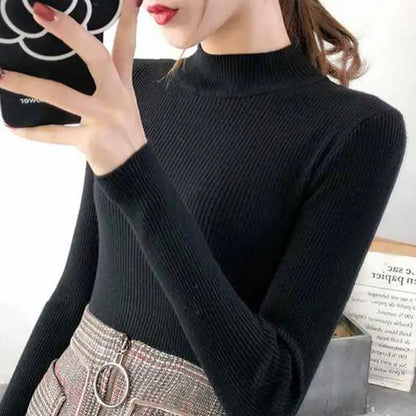 Autumn Winter Mock Neck Sweater | Vintage Solid Knit Pullover for Women - Dhavinci