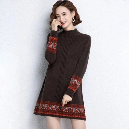 Women's Ethnic Style Knitted Sweater Dress | Retro Pullover - Dhavinci