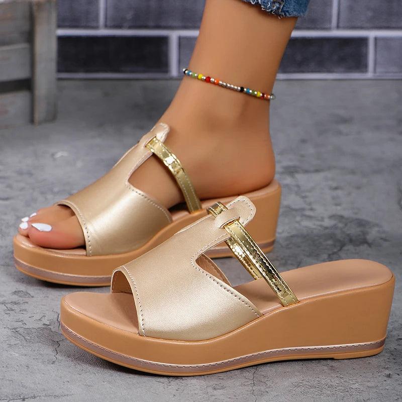 Peep Toe Wedge Slides for Women - Summer T-Strap High Heels - Dhavinci