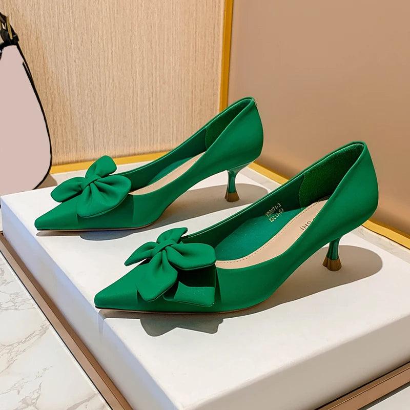 Green Bowknot Pumps for Women - Sexy Pointed Toe High Heels - Dhavinci