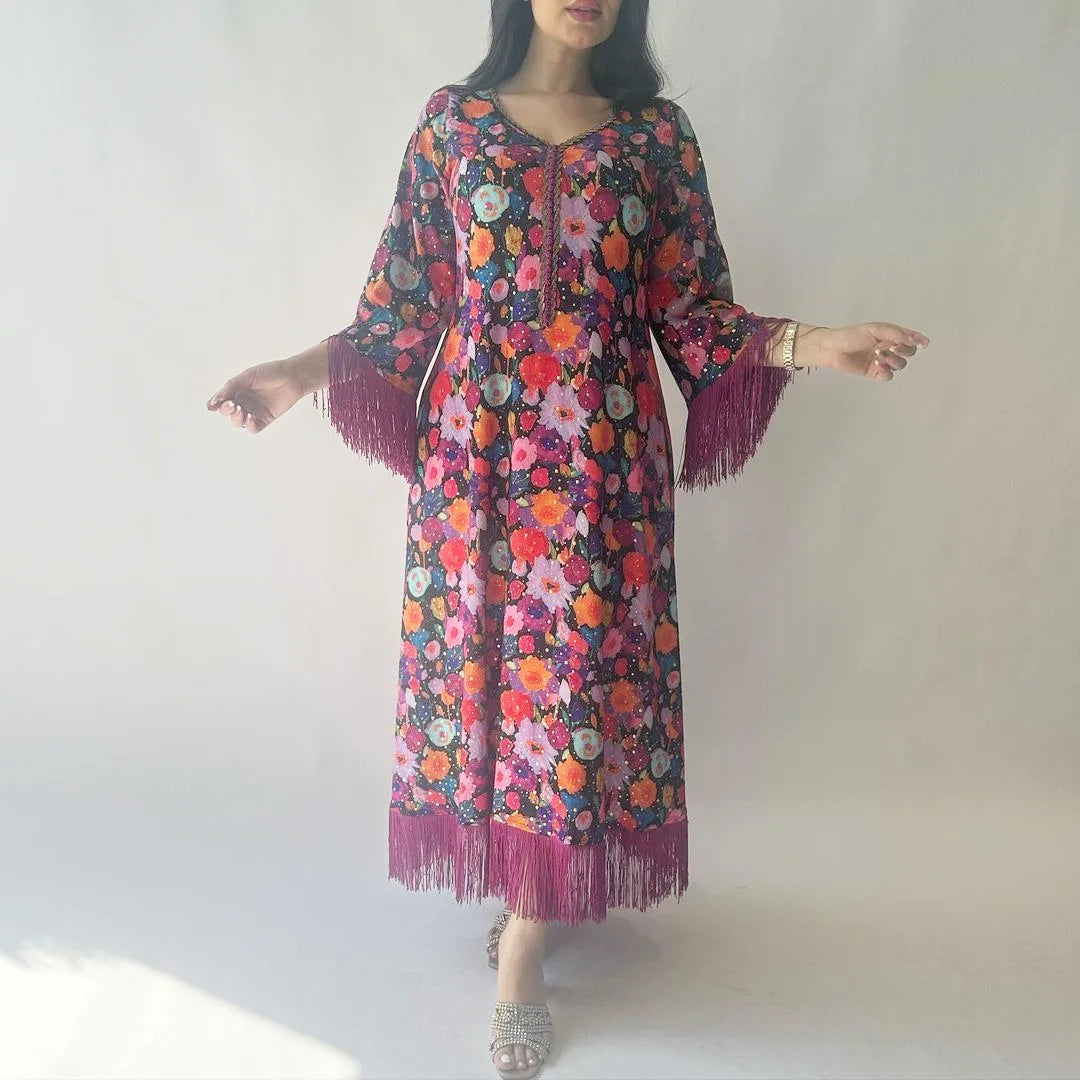 Ramadan Ethnic Saudi Women Abaya Elegant Printing Tassels Diamonds Kaftan Clothing Jalabiya Moroccan African Dress 2024 - Dhavinci